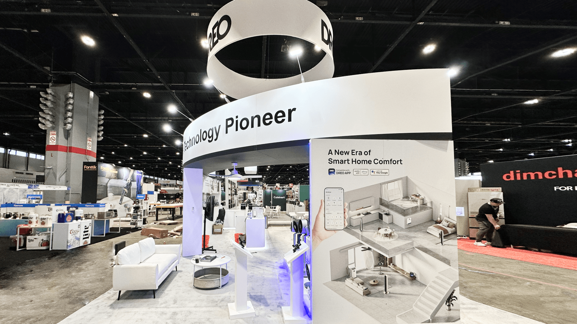 Custom 20x30 smart home trade show booth at IHS Chicago, built at McCormick Place with hanging sign and integrated demo systems