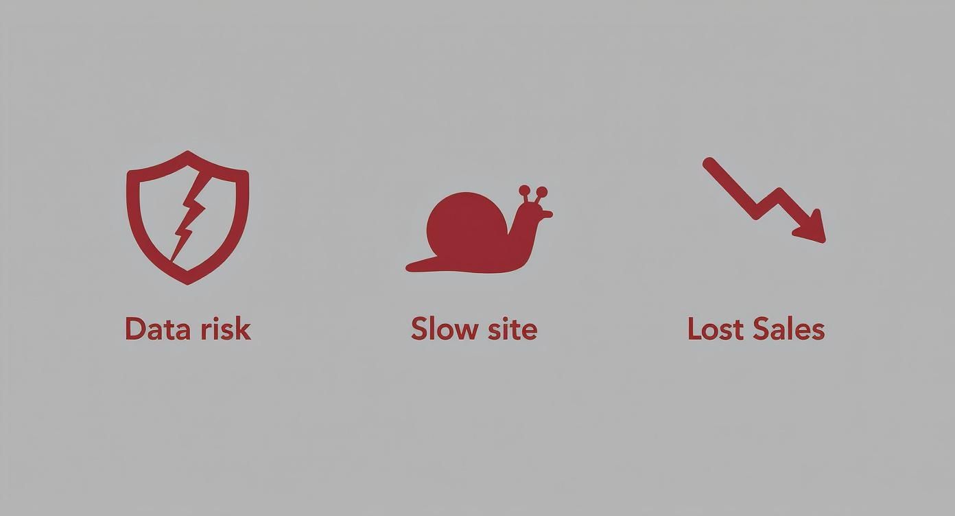 Infographic showing costly mistakes of poor website maintenance including data risks, a slow site, and lost sales
