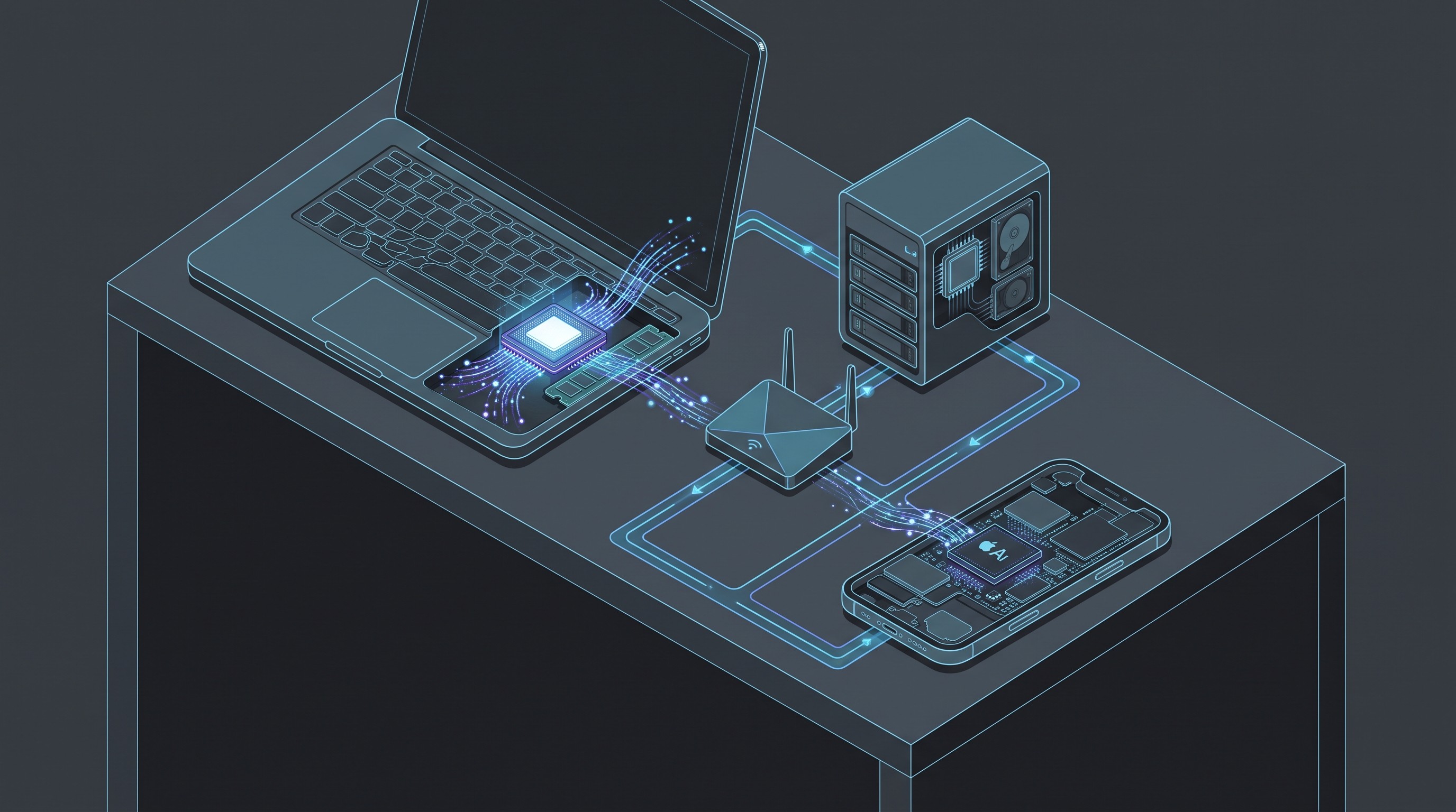 Architecture diagram comparing iPhone and computer AI workloads