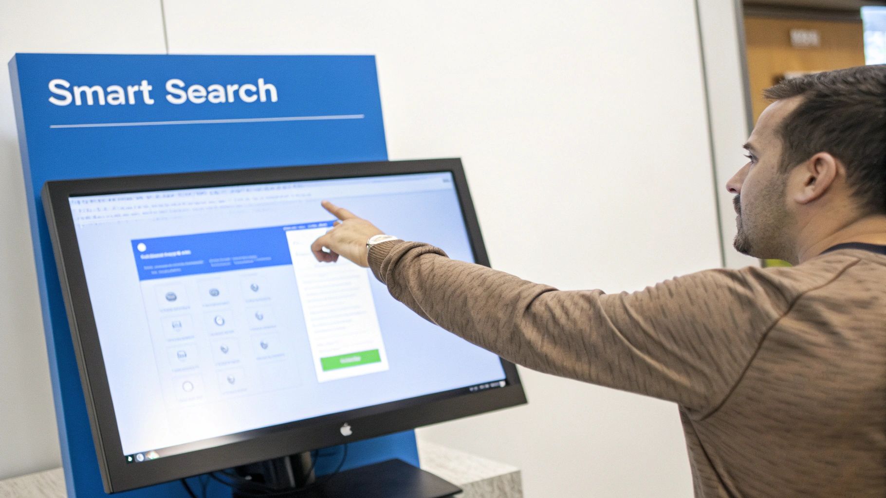 Man pointing at a 'Smart Search' digital kiosk, interacting with its touchscreen display.