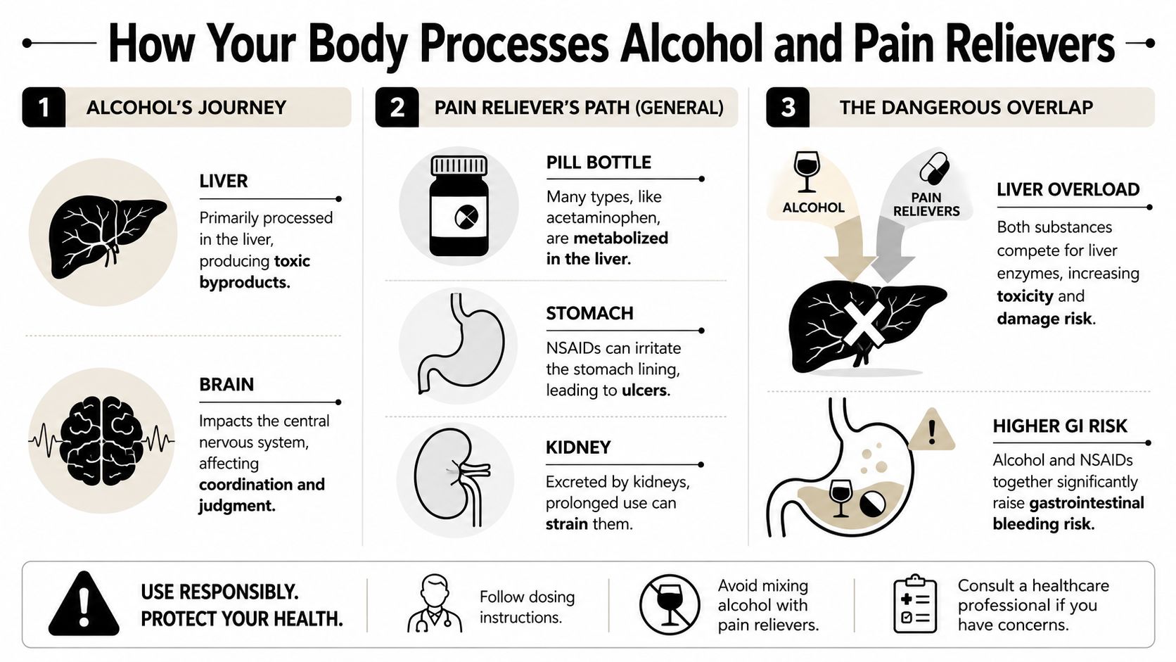 An infographic detailing how alcohol and pain relievers affect the liver, brain, stomach, and kidneys.