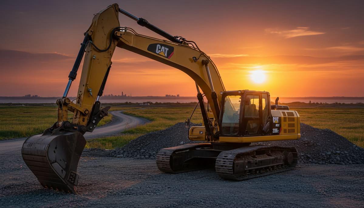Yellow excavator digging earth at a residential building construction site.