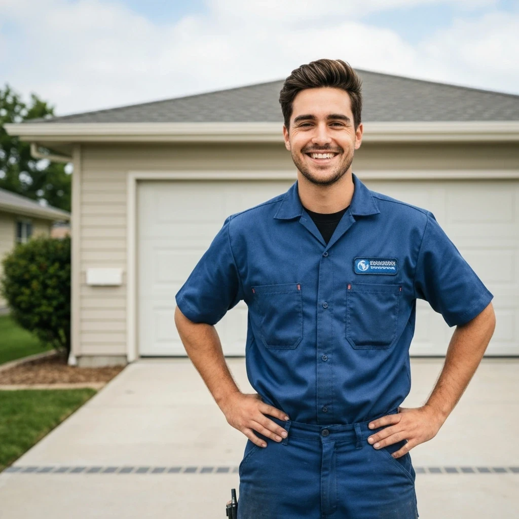Garage Door Technician outside customers home