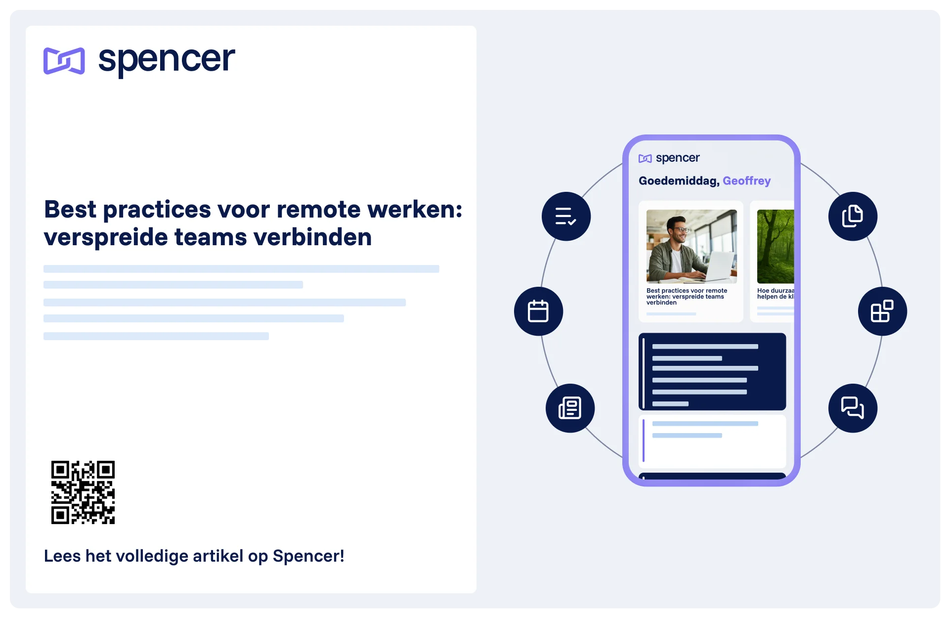 Spencer artikelweergave op digitaal scherm , QR-code en mobiele preview voor verspreiding van interne content