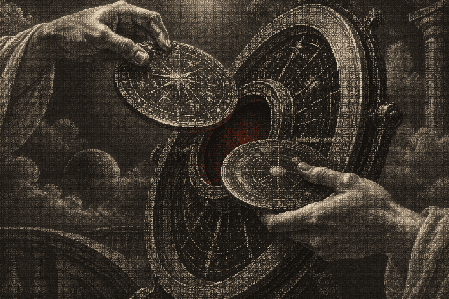Two marble hands exchanging the inner star plate of an astrolabe while its outer ring stays fixed, with a single red point at the socket