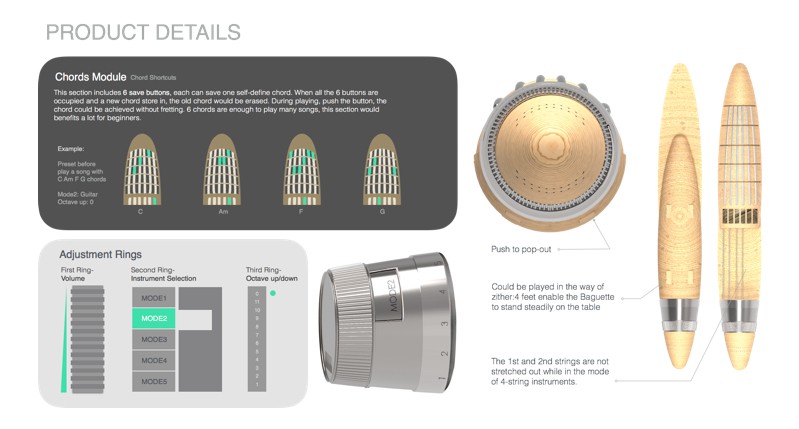 An image of a product design for a compact musical instrument made from wood and metal.