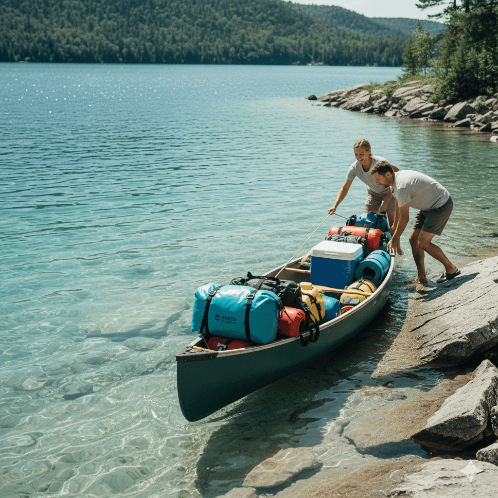 Couple chargeant un canot rempli de sacs étanches, glacières et matériel de plein air au bord d’un lac turquoise clair.