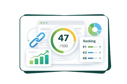Minimalistic SEO dashboard illustration showing a Citation Flow score of 47/100 with a circular gauge, link icon, bar chart, and ranking indicators inside a white card with green border.