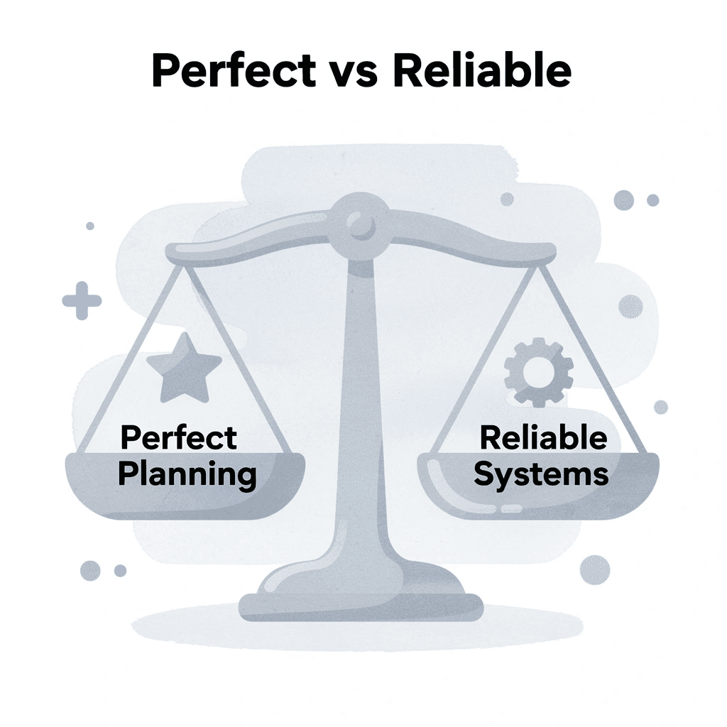 Balance scale comparing perfect planning versus reliable systems