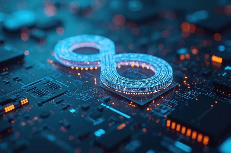 Abstract digital landscape featuring glowing blue data blocks and scattered orange binary digits. The image resembles a futuristic computer network or data grid, with illuminated patterns, depth-of-field blur, and a dark blue background suggesting data processing, cybersecurity, or digital infrastructure.