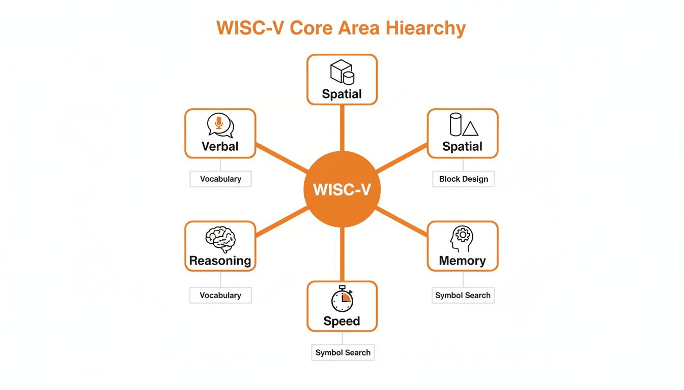 Diagram illustrating the WISC-V Core Area Hierarchy with six cognitive abilities and their sub-tests.