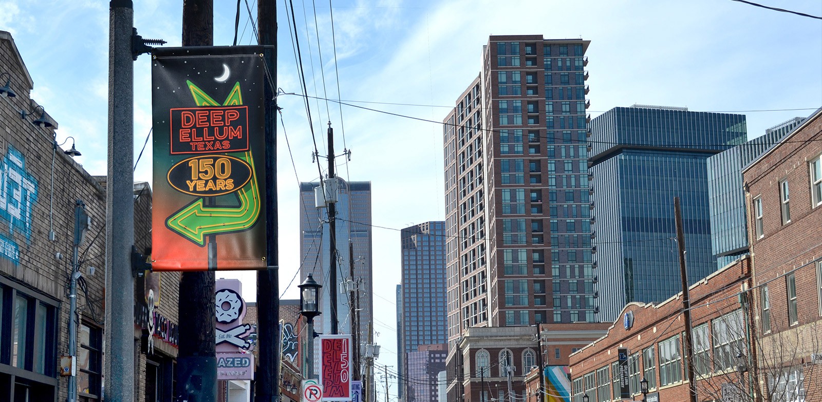 Deep Ellum Texas street banner street view with downtown