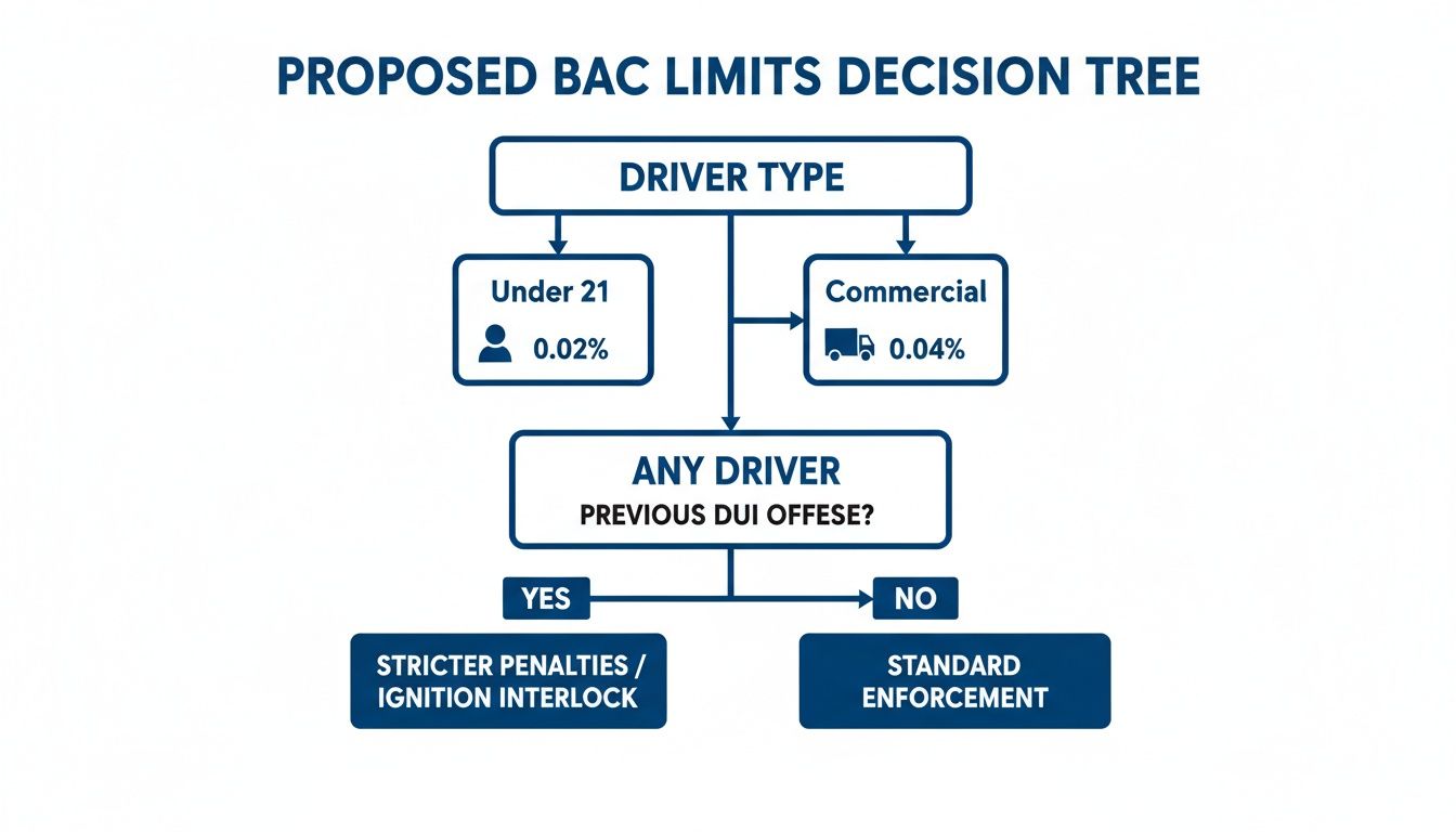 A decision tree illustrating proposed BAC limits for different driver types and consequences based on DUI history.