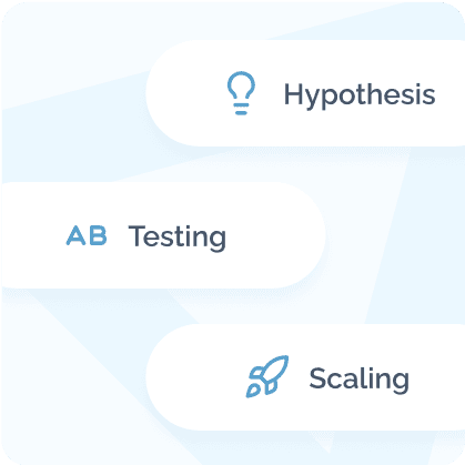 Image showing a flowchart with three steps: Hypothesis, A/B Testing, and Scaling on a light blue background.