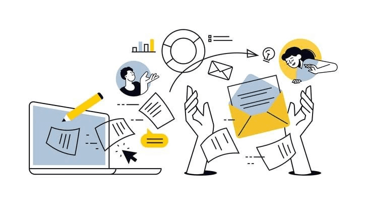An illustration depicting the evolution of email communication over the years.