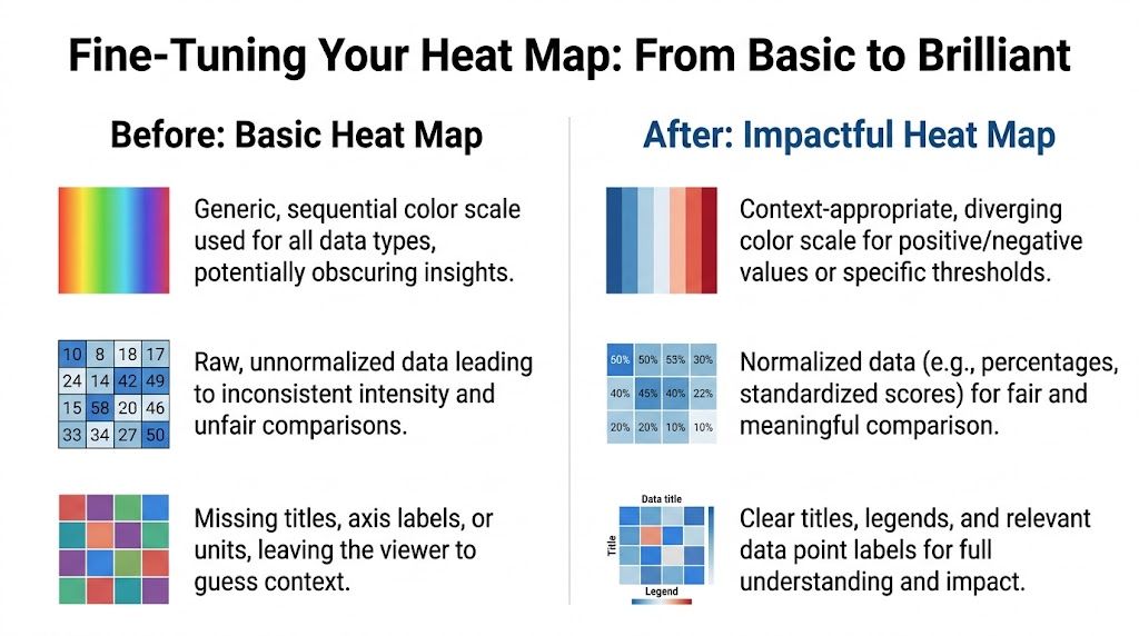 A comparison chart showing how to improve data visualization techniques for creating more effective heat maps.