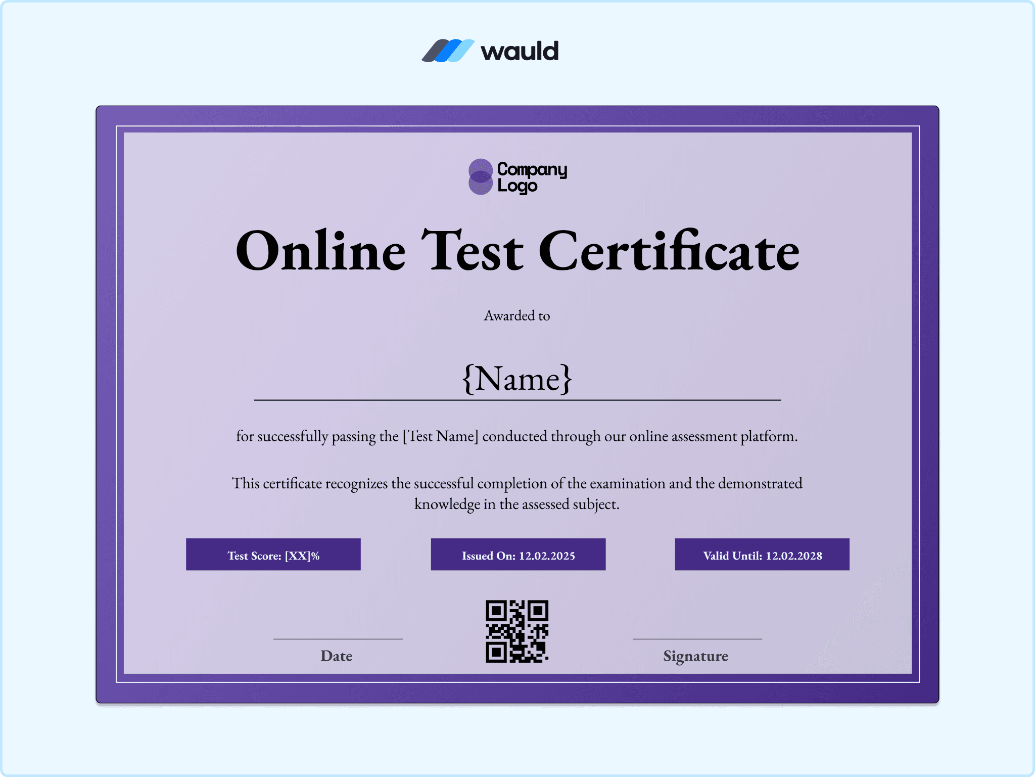 Lavender online test certificate template with script-style heading