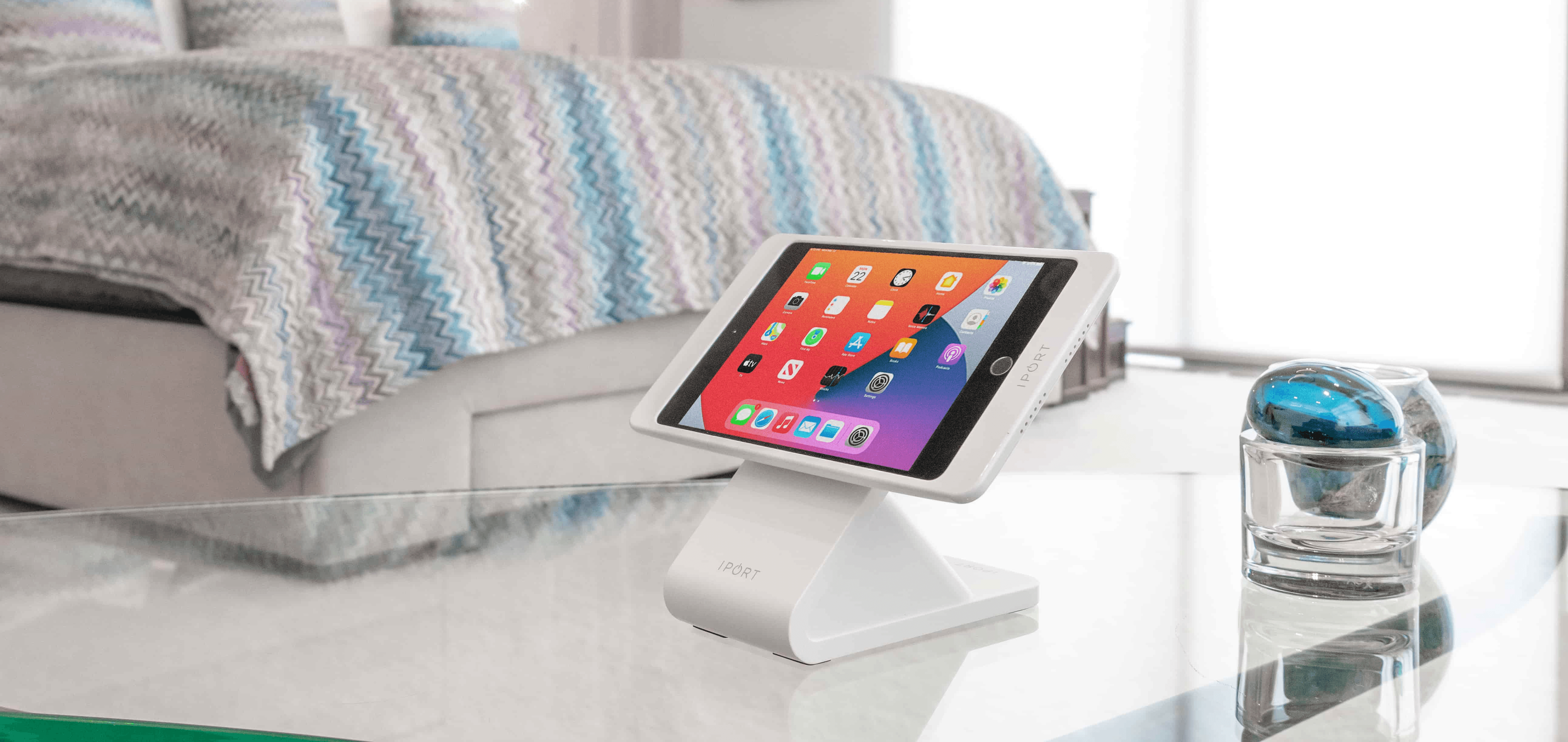 iPort tablet stand with iPad deployed as smart home control interface in luxury residential or hospitality environment in British Columbia