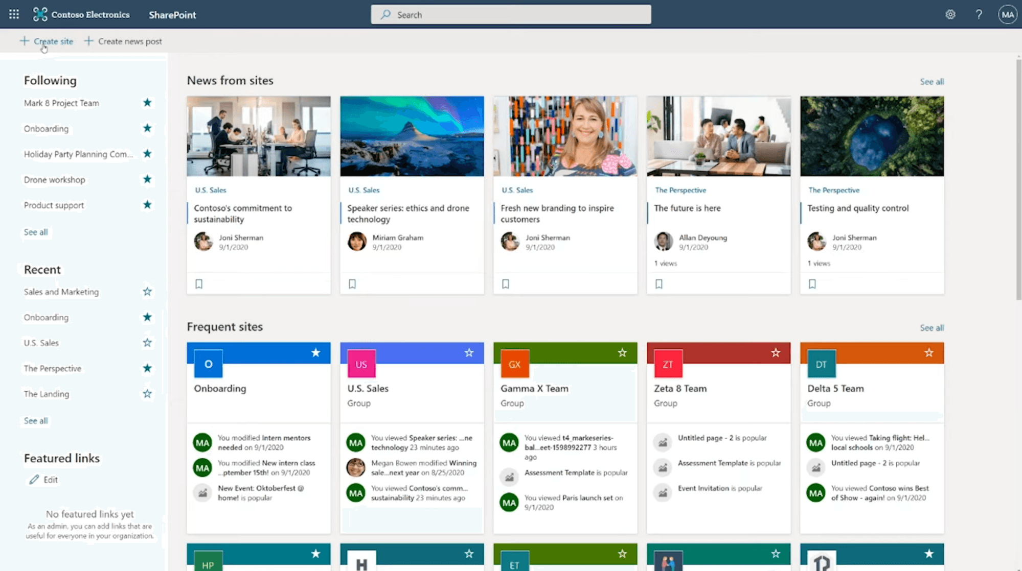 Screenshot of sites in Microsoft Sharepoint