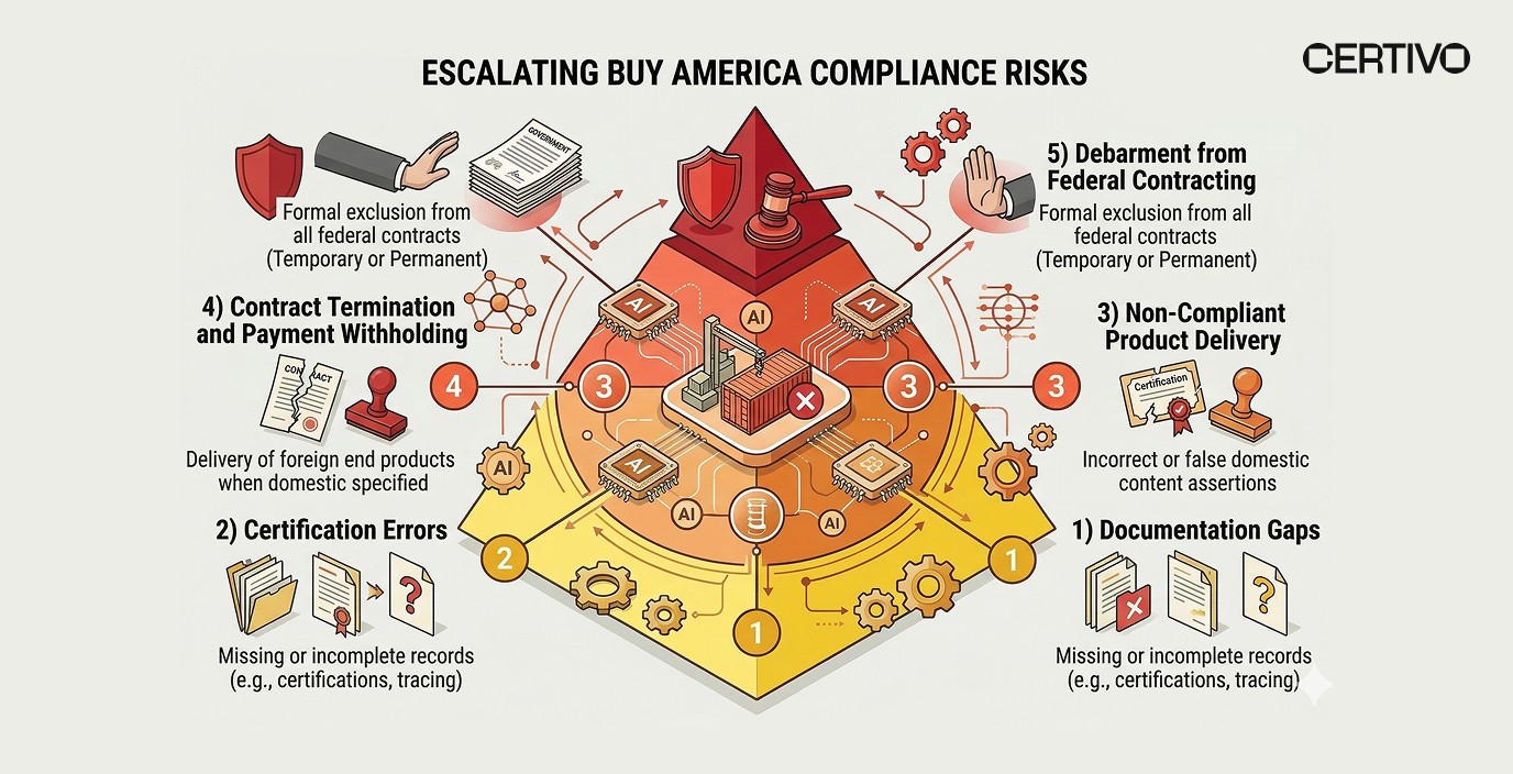 Buy America compliance risk escalation showing federal enforcement consequences for public infrastructure procurement violations