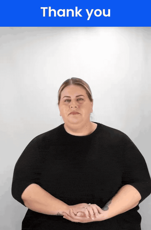Animated GIF: a Deaf signer signs THANK YOU in ASL, fingertips at the lips moving forward and down.