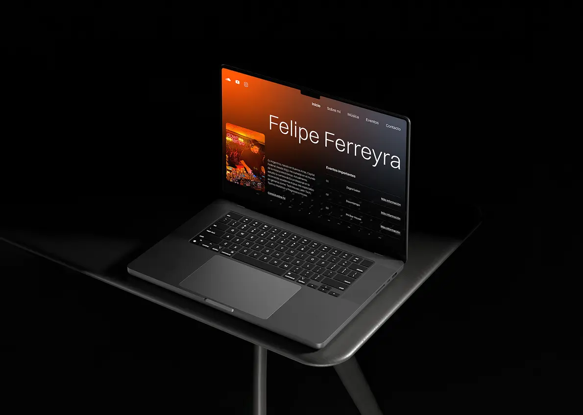 Portada de una página web en notebook sobre el DJ argentino Felipe Ferreyra, con diseño oscuro y tipografía moderna.