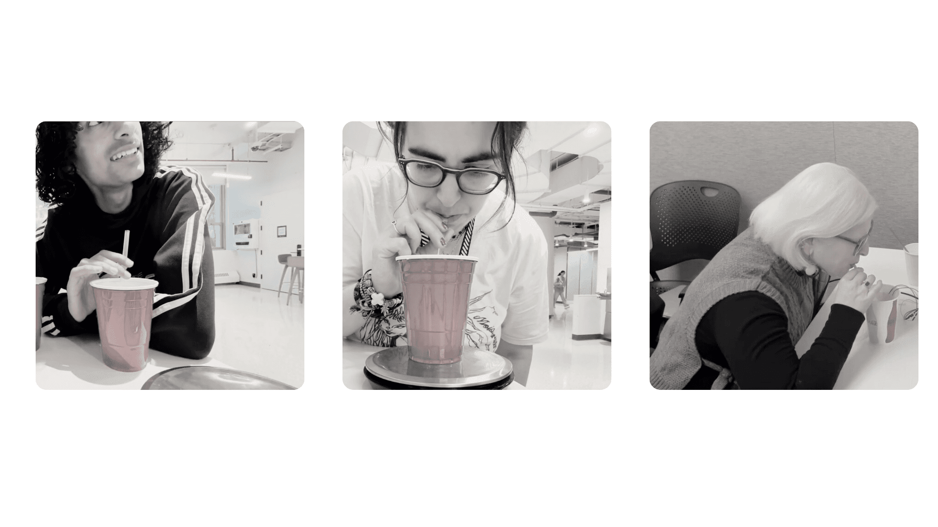Three images: one of a person smiling upward holding a straw in a cup; one of a perosn drinking from a straw in a cup; one of person drinking from a straw and a cup with wires.