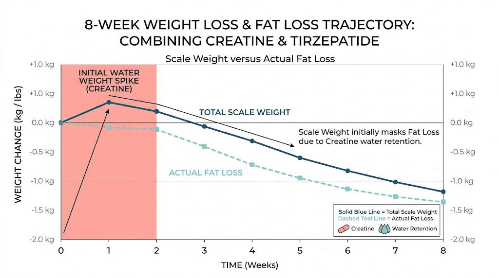 Creatine and tirzepatide weight scale versus fat loss timeline chart