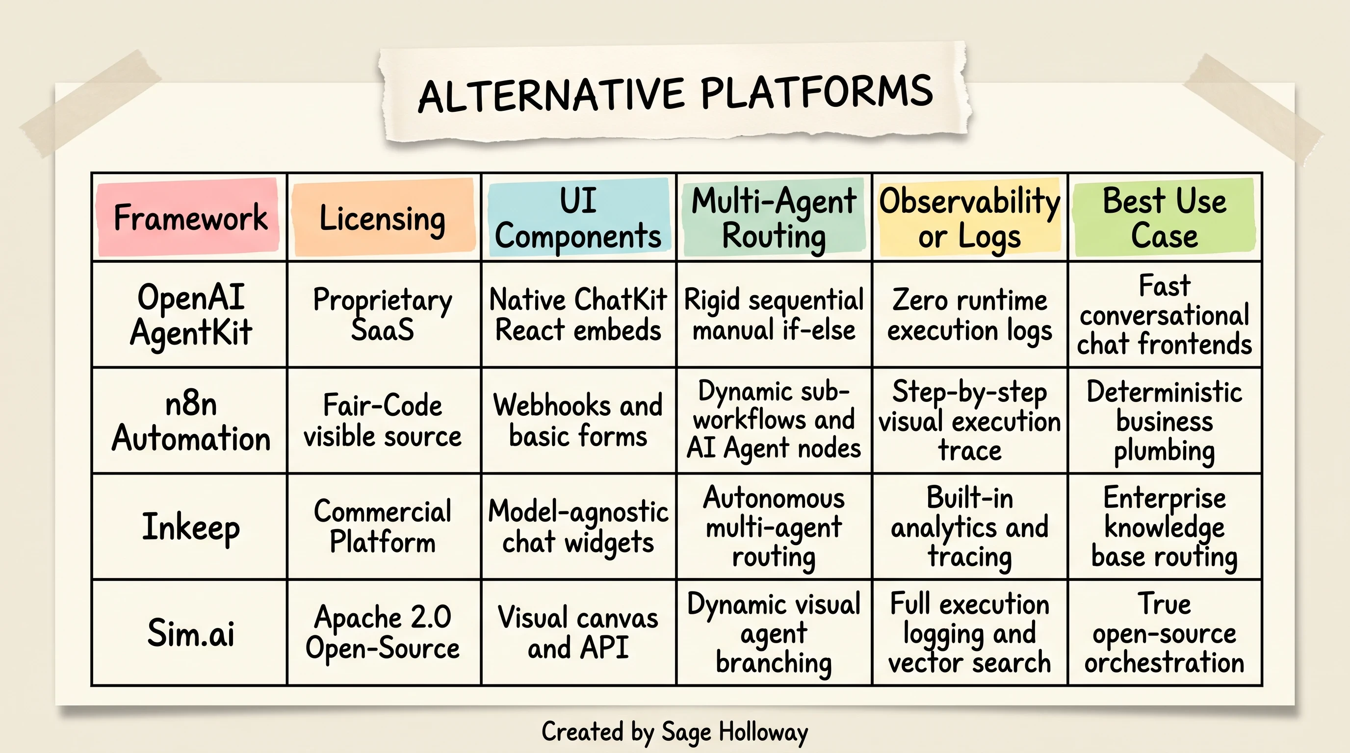 Comparison table of OpenAI AgentKit, n8n, Inkeep, and Sim.ai agent workflow platforms