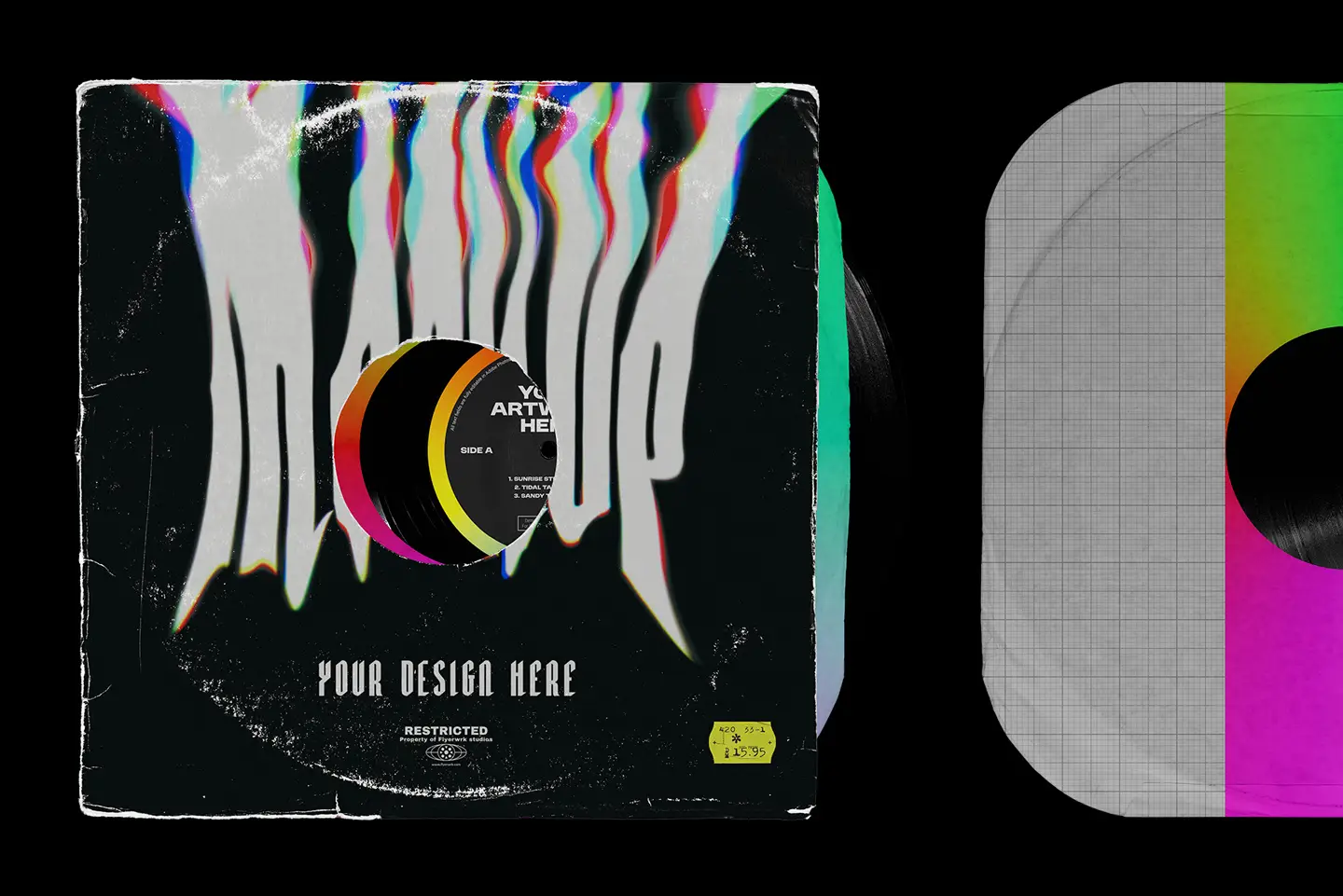 Vinyl record mockup with distorted album artwork preview and visible record sleeve
