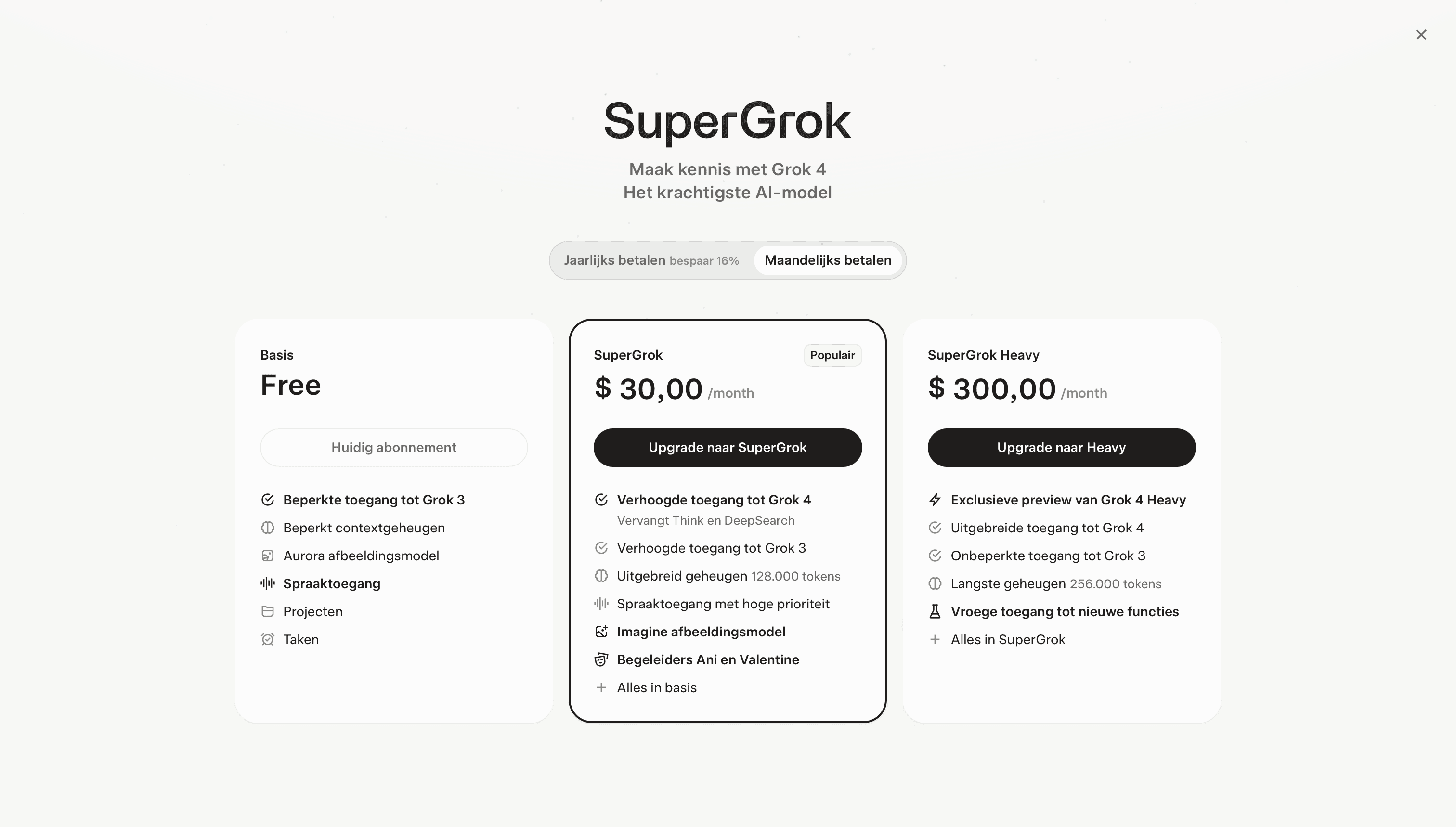 Screenshot van de prijs voor een SuperGrok abonnement