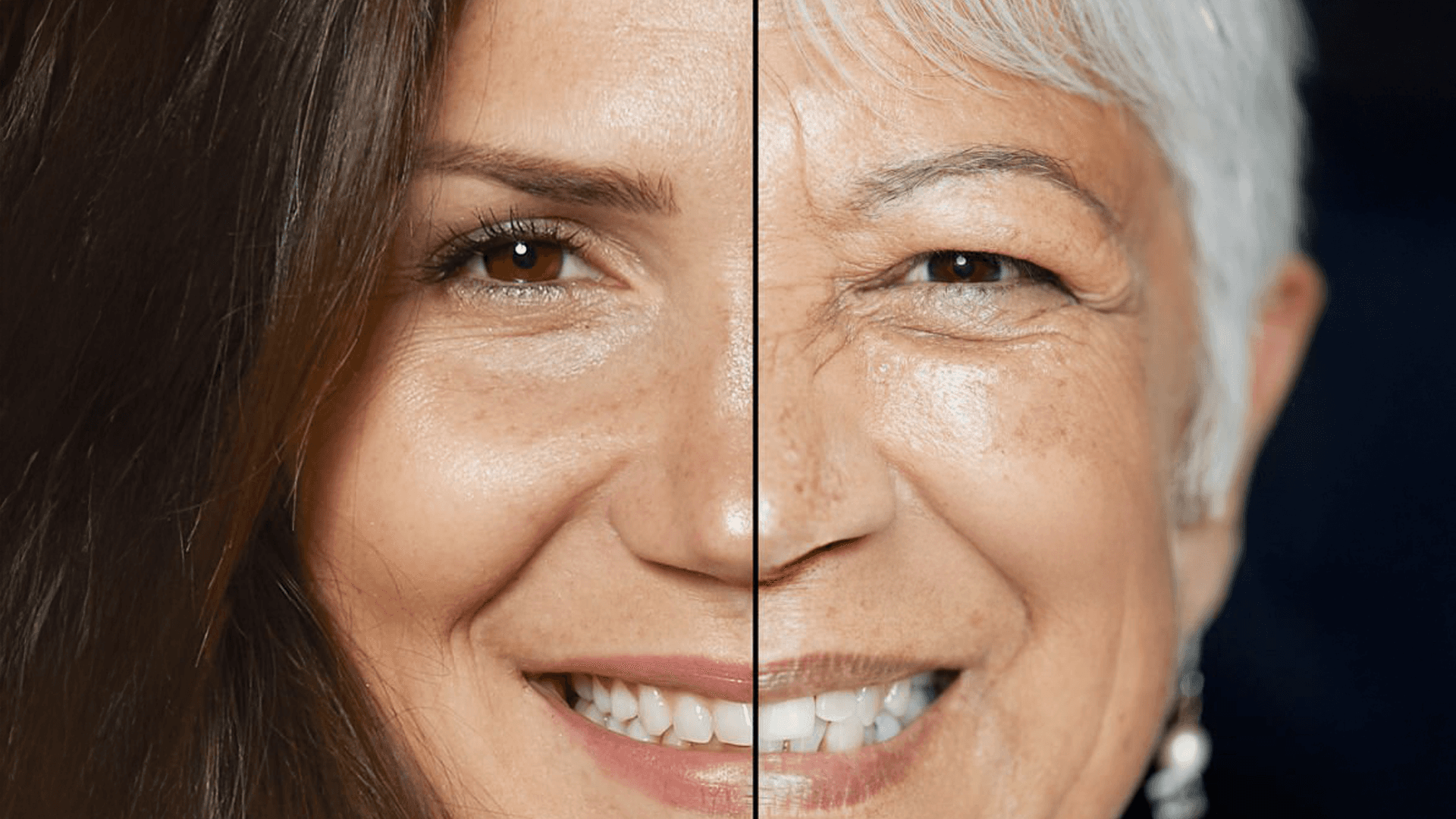 Side-by-side comparison of a young and older woman's face