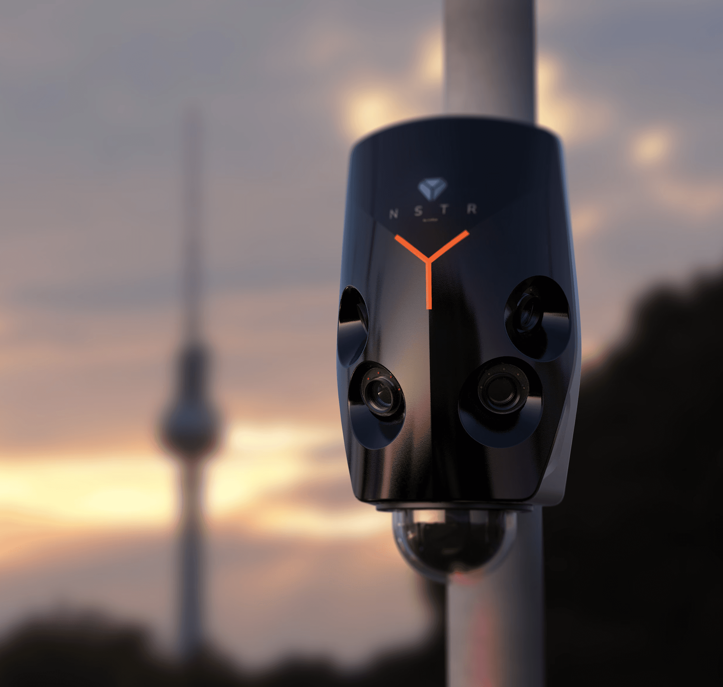 Eine moderne Industrie- oder Bürotretreppe aus schwarzem Metall und Holzstufen, mit einem Geländer aus schwarzen vertikalen Stäben. Eine Frau in einem orangefarbenen Oberteil und weißen Hosen läuft die Treppe hinunter. Im Hintergrund an der weißen Wand ist das orangefarbene Logo "LivEye" zu sehen. Das Bild hat einen unscharfen Effekt, der die Bewegung der Person hervorhebt.