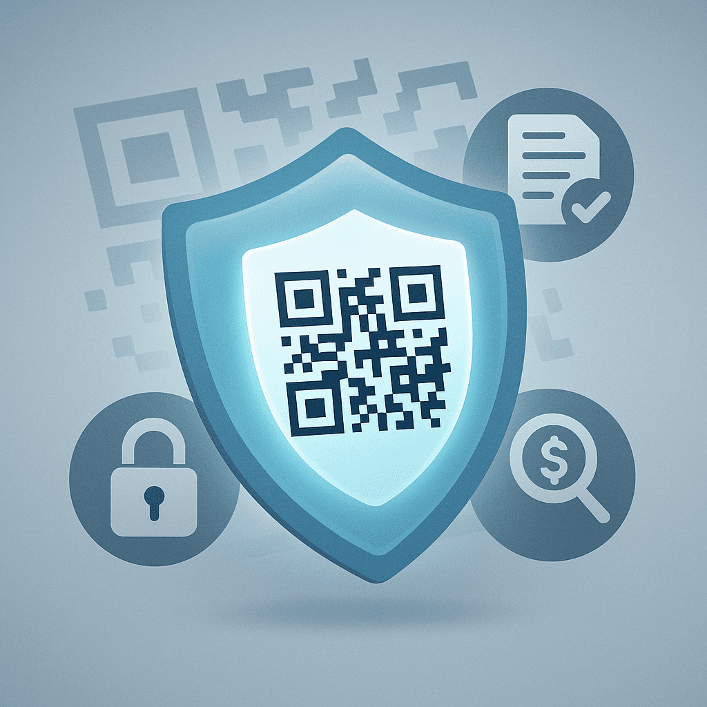 Layered illustration conveying QR payment security barriers and compliance safeguards