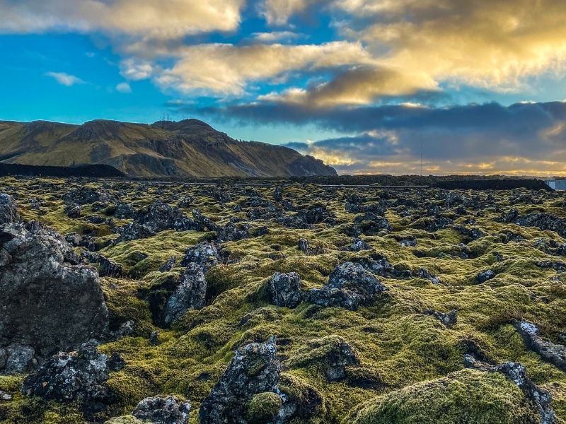 Moss-covered ʻaʻā lava field in Iceland with sharp, jagged basalt rocks and uneven terrain, stretching toward low mountains under a partly cloudy sky.