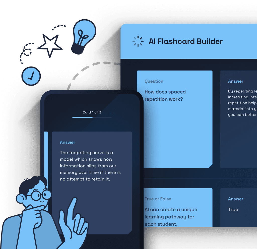 The flashcard builder in the Luna app, surrounded by doodles and a student thinking about a question.