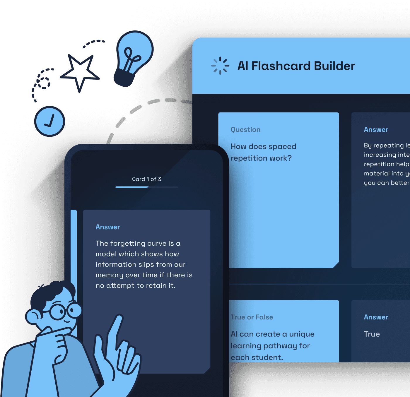 The flashcard builder in the Luna app, surrounded by doodles and a student thinking about a question.