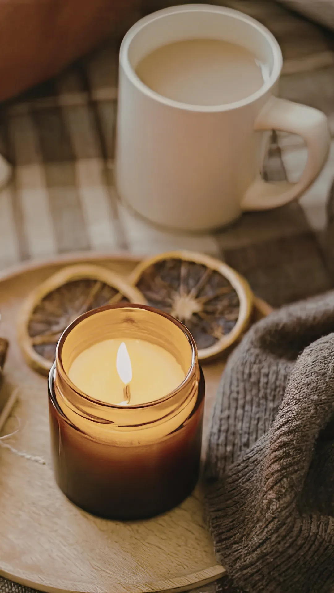 A candle and a mug of coffee are placed on a wooden tray, creating a cozy and inviting atmosphere.