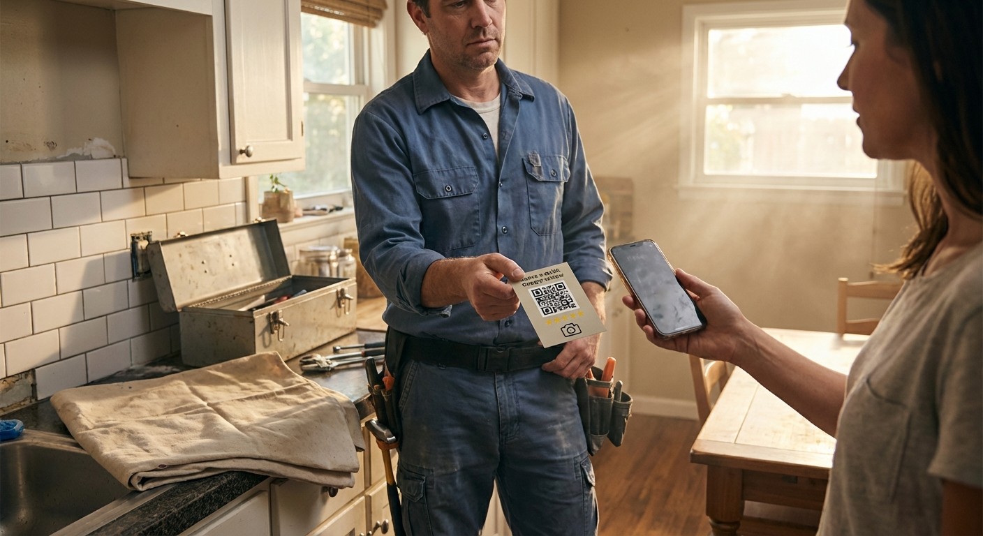 Home services contractor using QR code and mobile tools to generate reviews and track local marketing leads