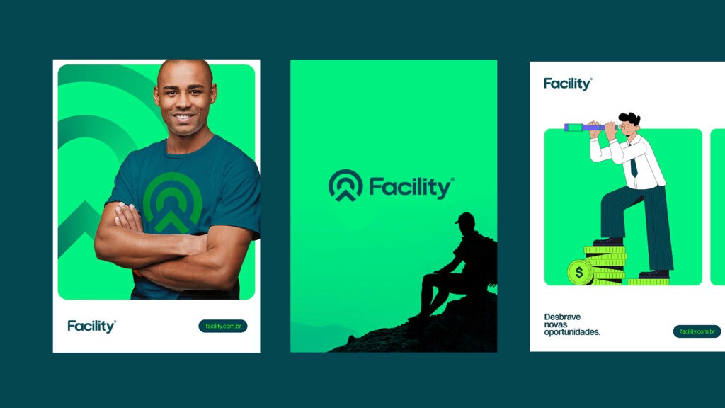 Aplicações da identidade visual após o rebranding com a nova paleta de cores