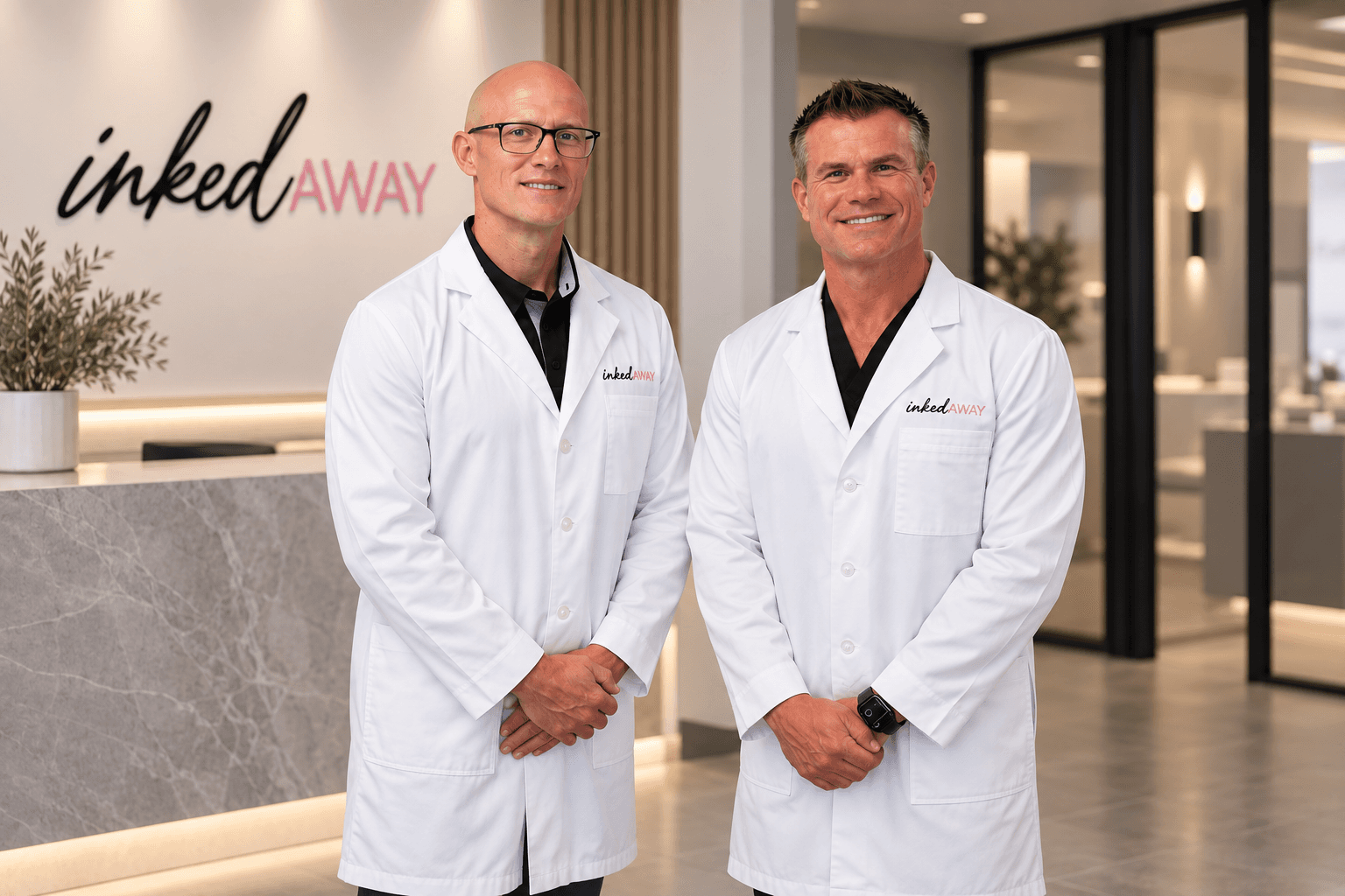 Dr. Wes Prickett and Dr. Matt Stottle standing in Inked Away clinic lobby