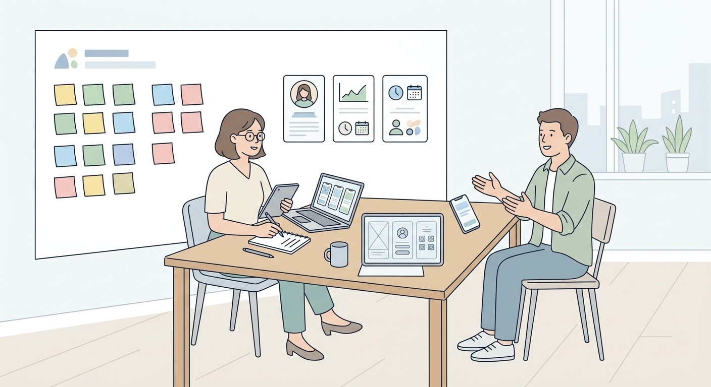 User researcher interviewing a participant for a mobile app, with persona cards and sticky notes on a wall