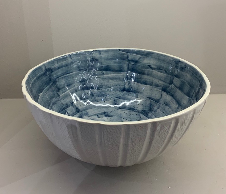 Blue and white hand painted ceramic serving bowl