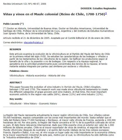 Viñas y vinos en el Maule colonial (Reino de Chile, 1700-1750)