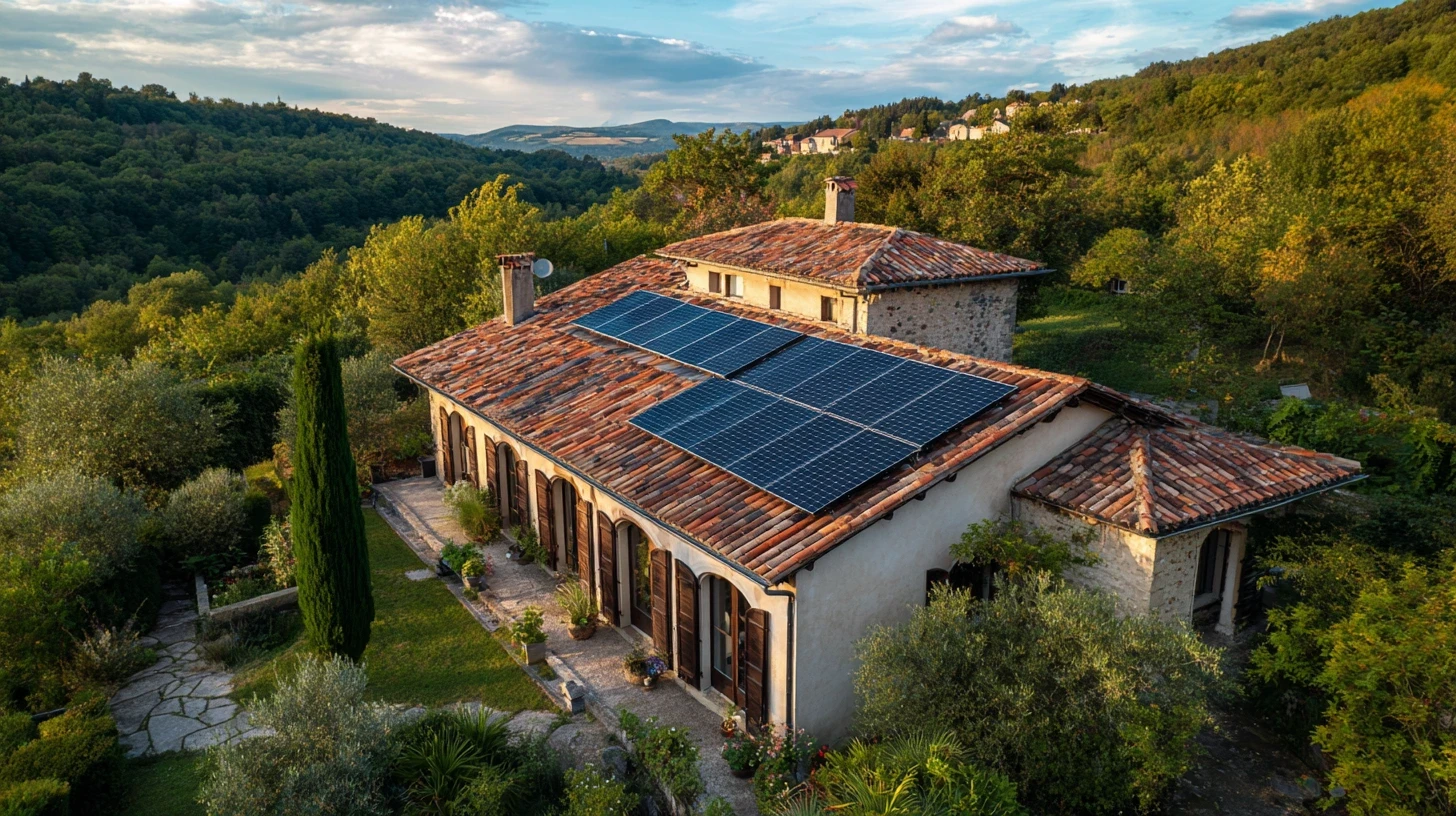 Vue aérienne d'une maison de campagne française avec panneaux solaires installés sur toit en tuiles, paysage du Tarn