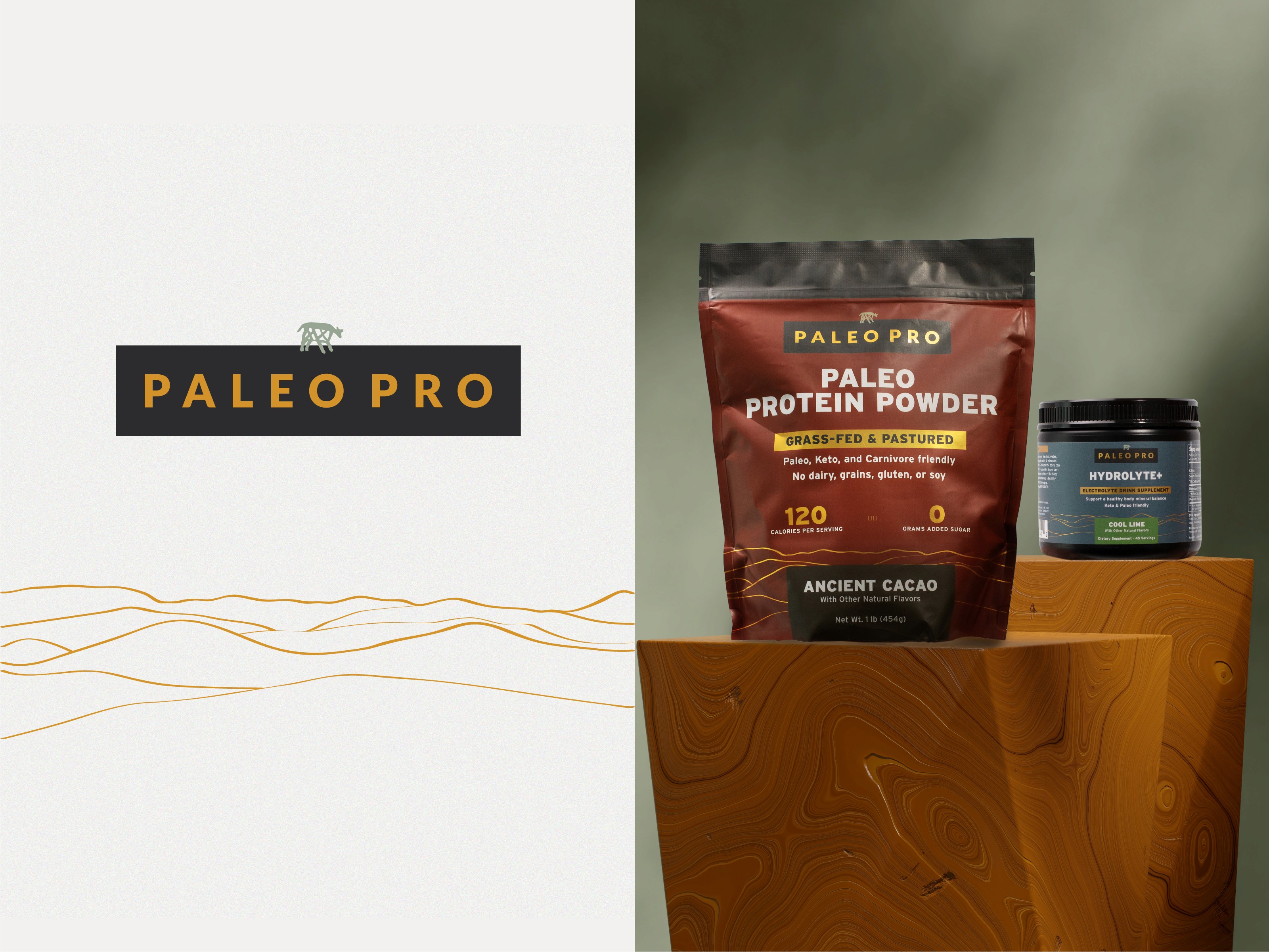 PaleoPro Protein Powder Pouch and Hydrolyte tub on wooden pedestal