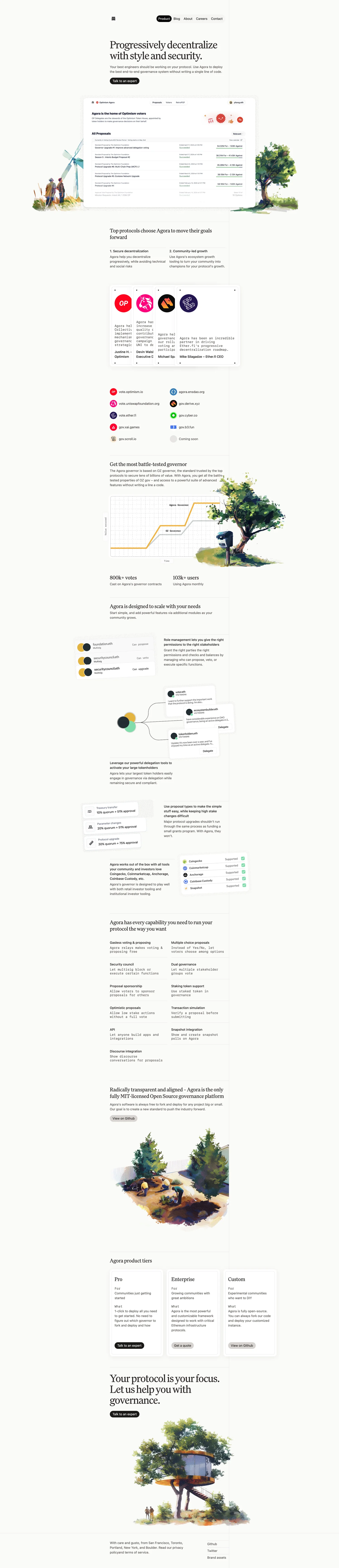 Agora is a platform that helps protocols progressively decentralize through comprehensive governance systems, offering battle-tested governor contracts and advanced features without requiring custom code.