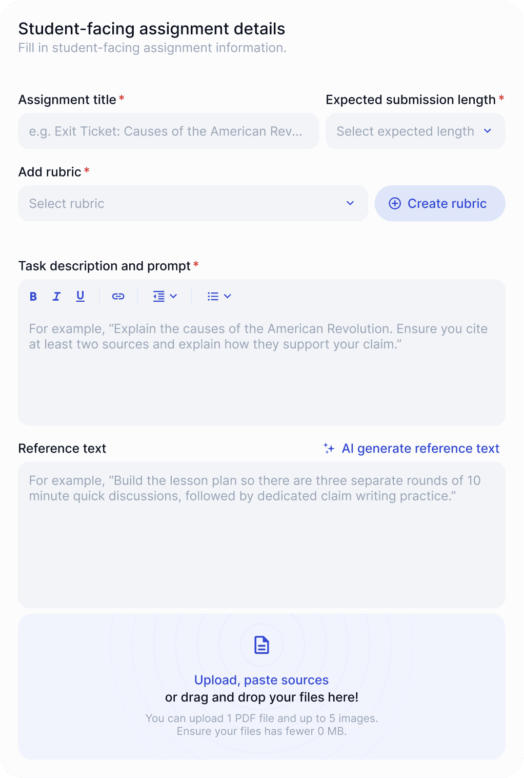EnlightenAI form for entering student-facing assignment details, including title, submission length, rubric selection, and task prompt.