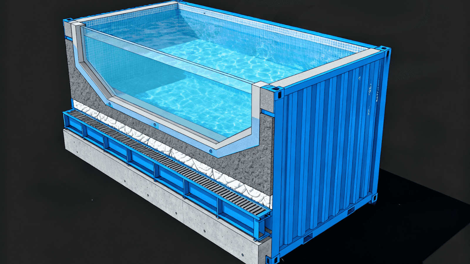 Technical illustration showing waterproofing layers, insulation, and drainage solutions for shipping container pools.