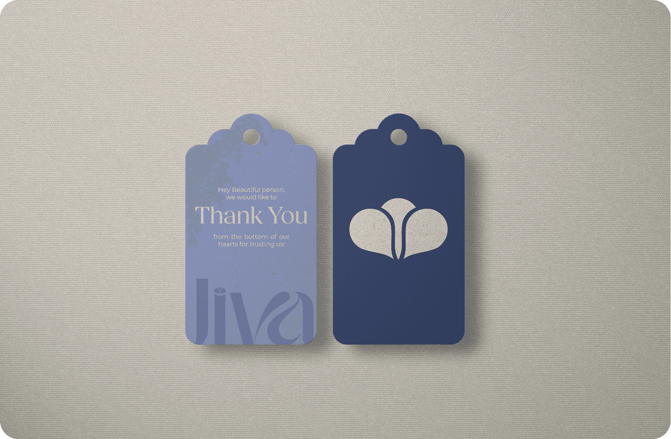 "Jiva Jewellery branded thank-you tags featuring elegant typography and minimalist heart motifs. Perfect for enhancing customer experience, luxury unboxing, and personalized jewelry packaging."